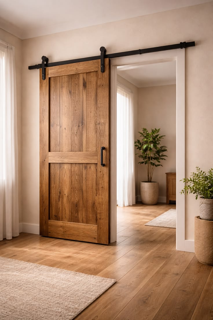 Sliding wood barn door in a hallway